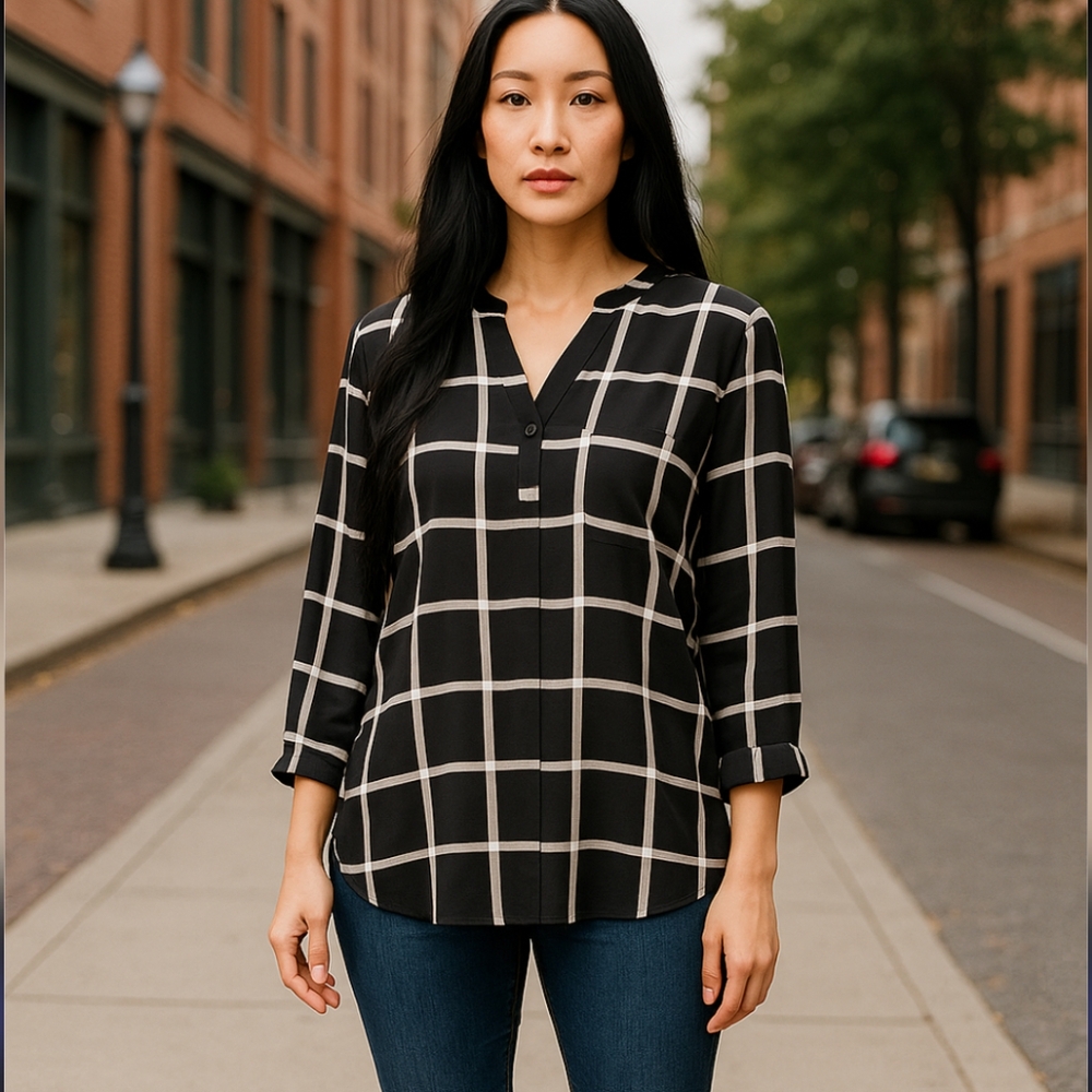 Kaari Blue Black and White Plaid Split Neck Blouse
